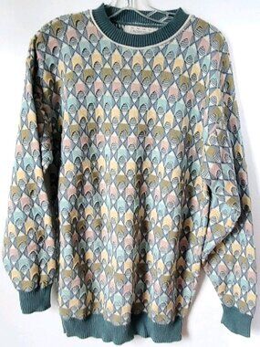 Vintage Crossings Sweater Mens Large 90s Geometric Honeycomb Knit Grandpa Core